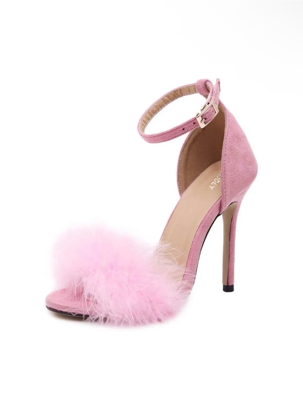 17S Pink Feather-Trim Ankle Strap High Heels - Picture 2 of 2